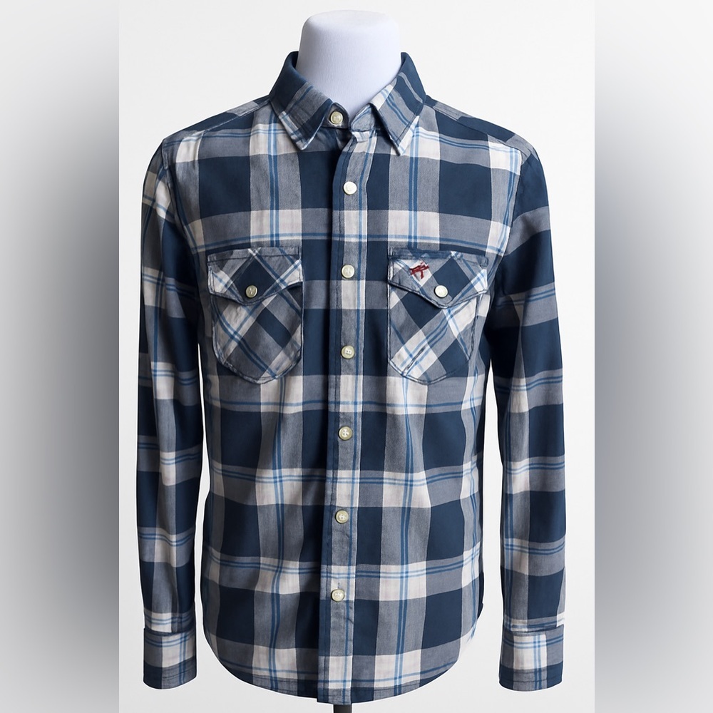 Hollister Men’s Plaid Snap-Front Shirt – Navy/Blue/White – Size XL